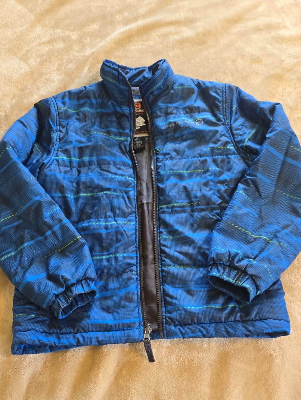 Free Country Blue Quilted Puffer Jacket with Green Stripe Accents